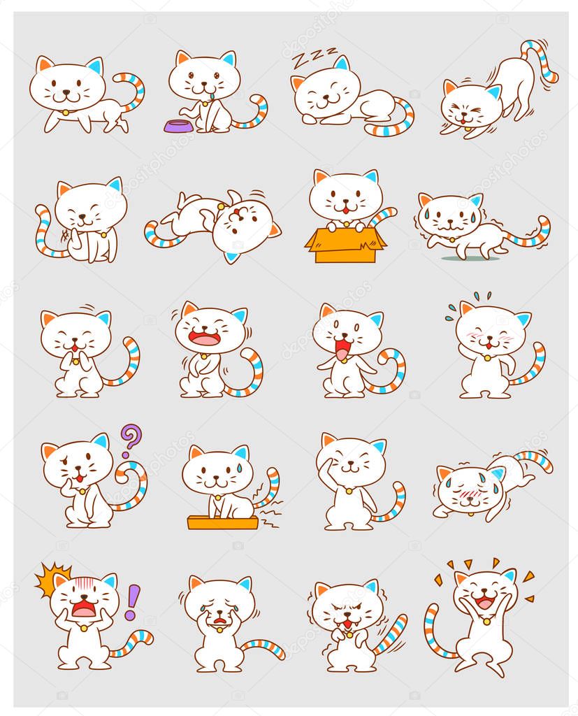 Set of cute cartoon white cats in different poses.