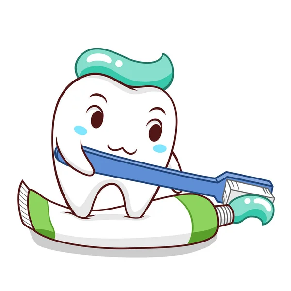 Ilustracja Kreskówek Zębów Trzymając Szczoteczkę Zębów Wycichając Pastę Zębów — Wektor stockowy