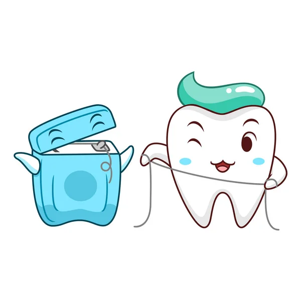 Симпатичная Чистка Зубов Помощью Зубной Нити Мультяшной Зубной Нити — стоковый вектор