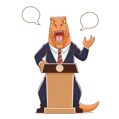 Dinazor 'un podyumda konuşan takım elbiseli halinin karikatür çizimi.