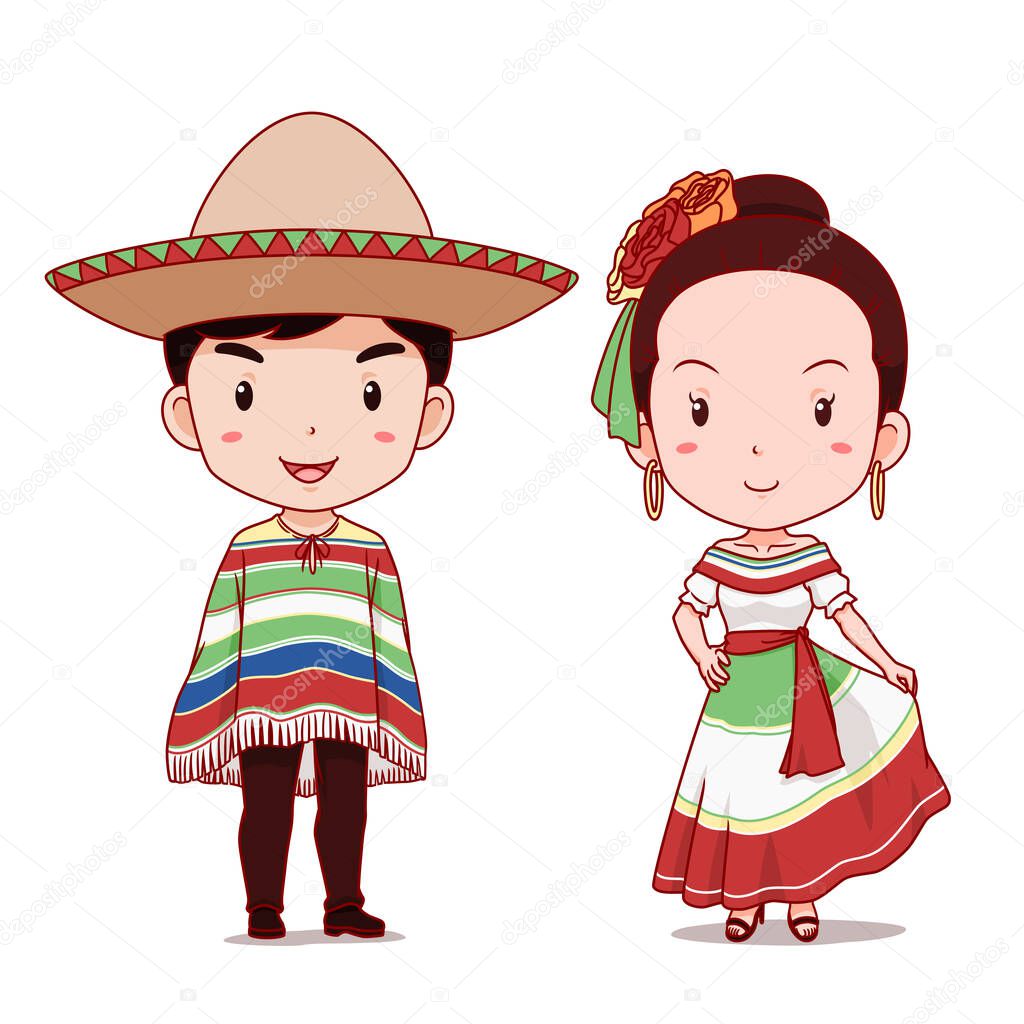 Cute couple of cartoon characters in Mexican traditional costume.