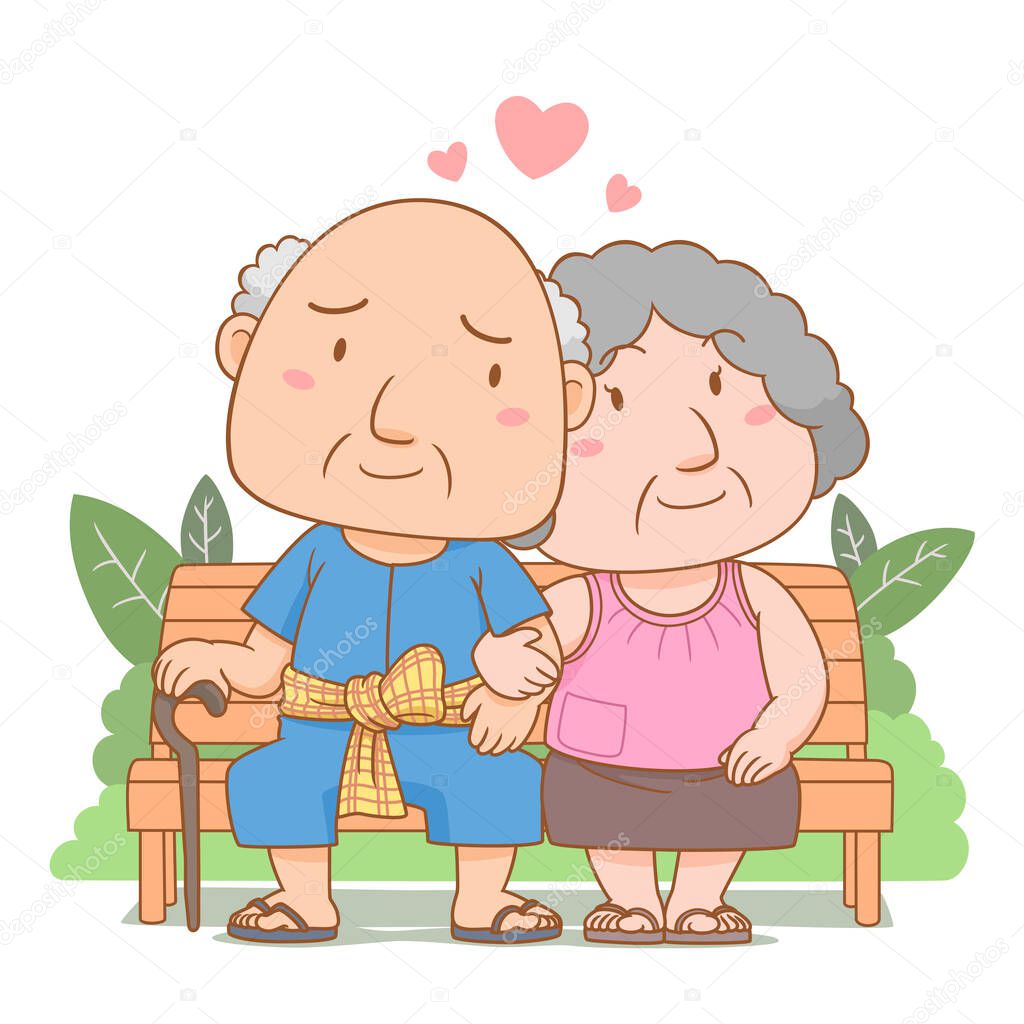 Cartoon illustration of grandparents in love sitting on garden bench. National grandparents' day.
