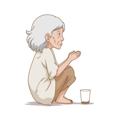 Yerde oturan yaşlı dilenci kadının karikatür çizimi.