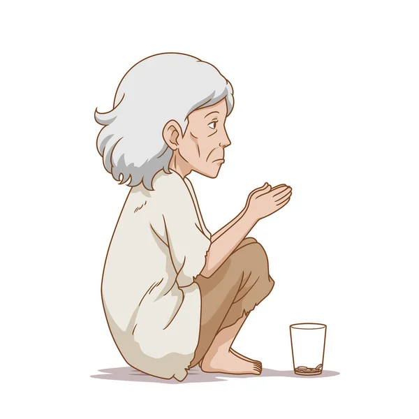 Cartoon Illustratie Van Oude Bedelaar Vrouw Zittend Grond — Stockvector