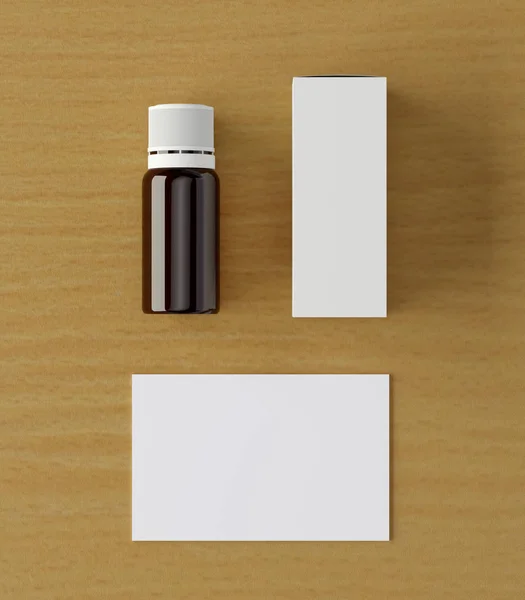 Corporate stationery set mockup. Blank brand ID elements, cosmetic or drug bottle with a cardboard box and an identity card on a wooden table. Top view. 3D rendering.