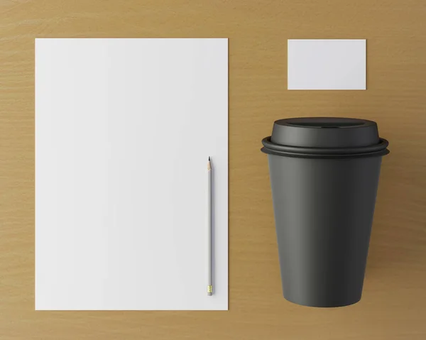 Corporate stationery set mockup. Blank brand ID elements, card, pencil and black coffee cup on a wooden table. Top view. 3D rendering.