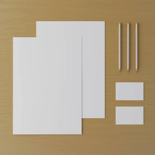 Corporate stationery set mockup. Blank white brand ID elements, paper sheets, card, pencil. Top view. 3D rendering.