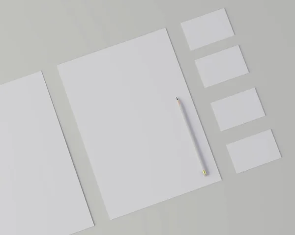 Corporate stationery set mockup. Blank white brand ID elements, paper sheets, card, pencil. Angled top view. 3D rendering.