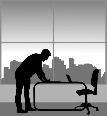 Bir genç iş adamı ofisinde, benzer görüntüler siluet dizi bir belge imzaladı