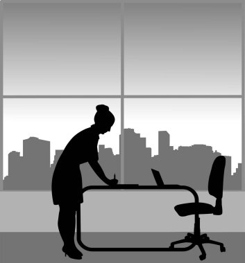 Genç iş kadını ofisinde, benzer görüntüler siluet dizi bir belge imzaladı