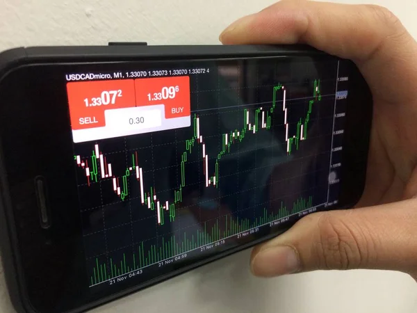 Görünüm ticaret grafik grafik iş adamları ile cep telefonu üzerinde çalışma.