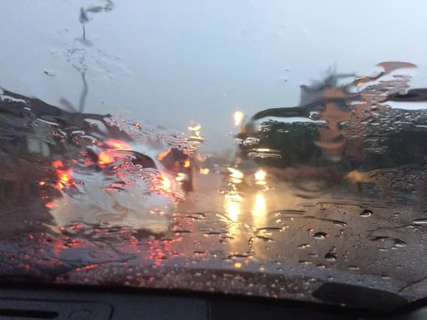 Blurred Rain Glass Road Dangerous Vehicle Driving Heavy Rainy Slippery — Stock Photo, Image