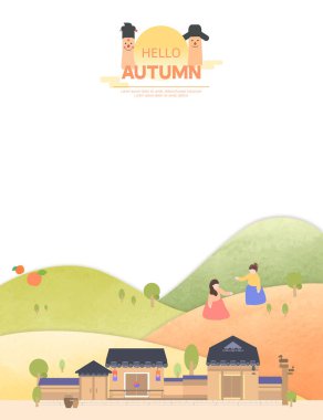 Sonbahar illüstrasyon çerçevesi: Geleneksel sonbahar manzarası