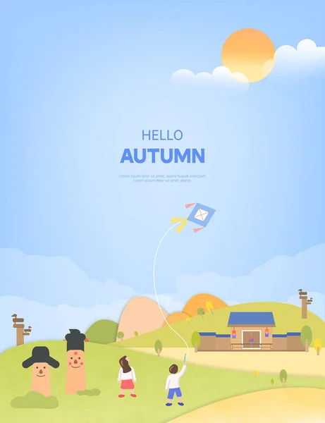 秋のイラストフレーム 韓国の伝統的な秋の風景 — ストックベクタ