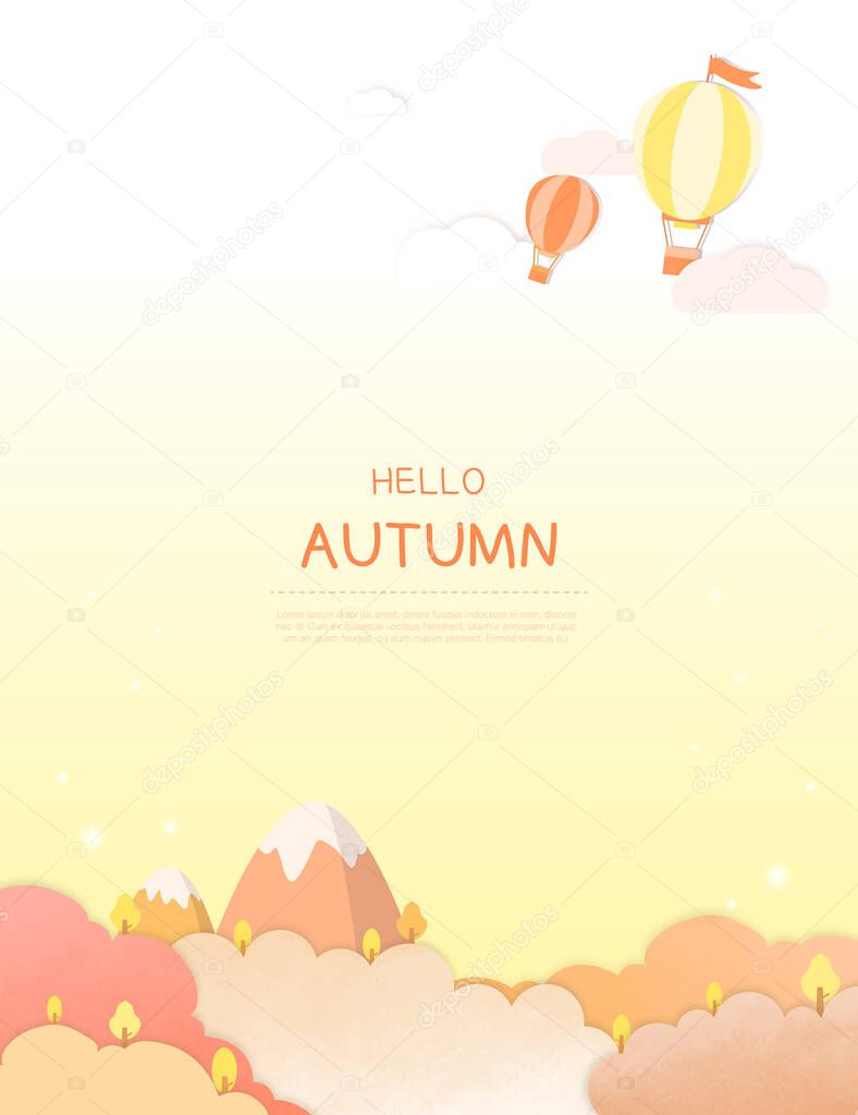 autumn illustration frame : Hot air balloon and mountain