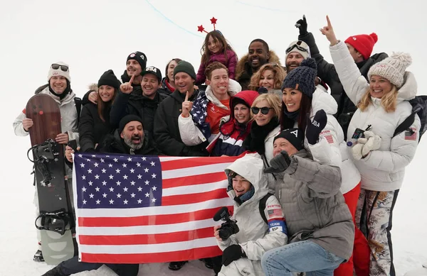 Pyeongchang Sydkorea Februari 2018 Olympiska Mästare Shaun White Firar Segern — Stockfoto