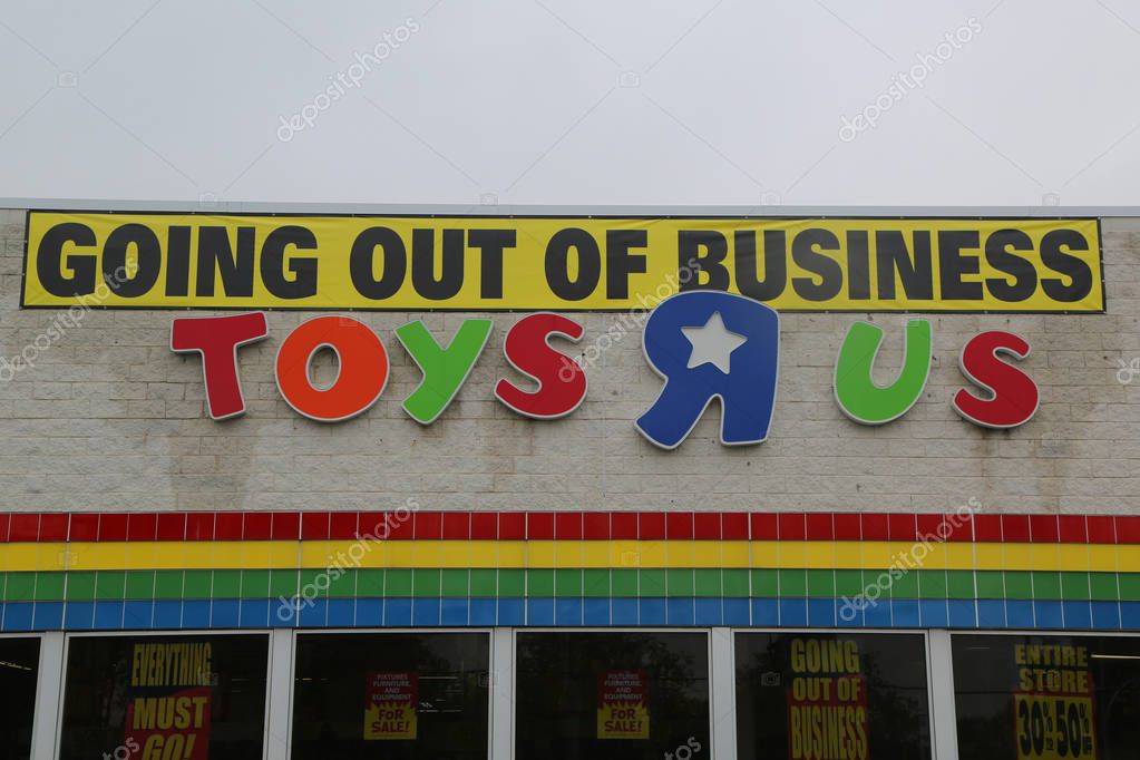 BROOKLYN, NEW YORK - MAY 18, 2018: Going out of business sign on Toys R Us store in Brooklyn, New York. Toys R Us closing up to 182 stores as part of its Chapter 11 bankruptcy