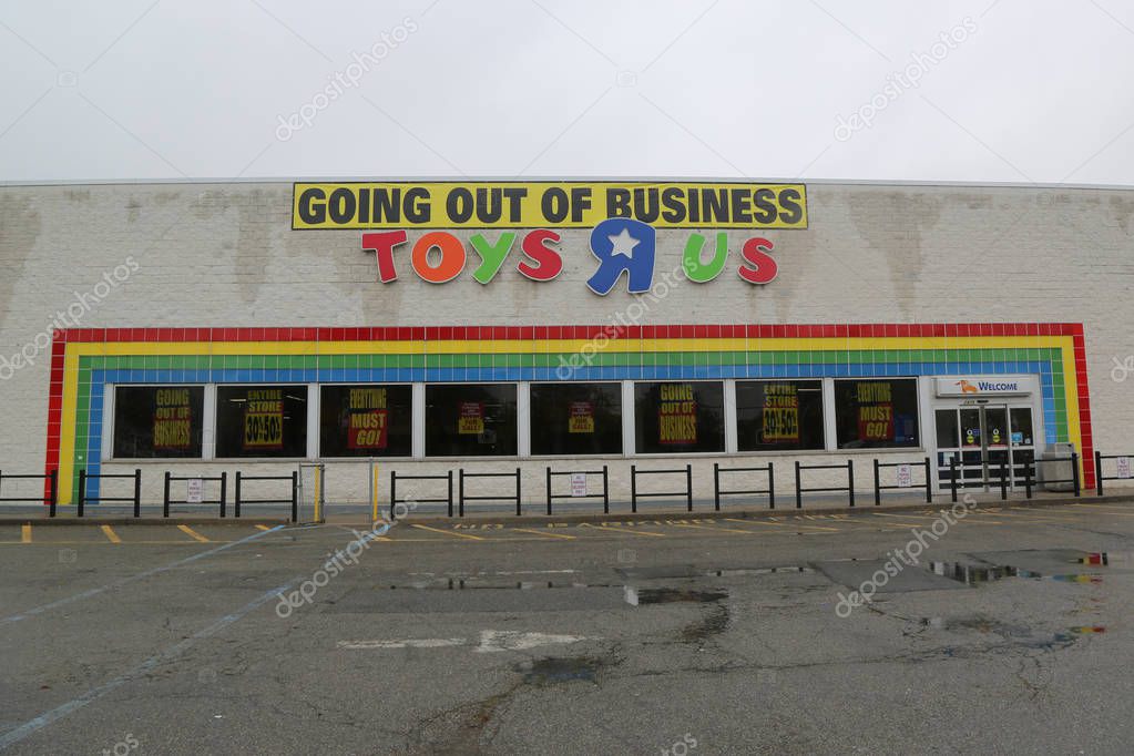 BROOKLYN, NEW YORK - MAY 18, 2018: Going out of business sign on Toys R Us store in Brooklyn, New York. Toys R Us closing up to 182 stores as part of its Chapter 11 bankruptcy
