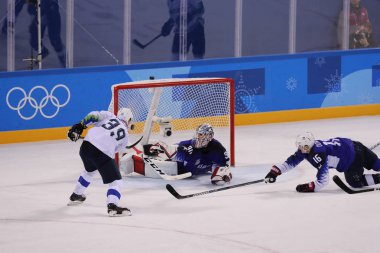 Tarihleri, Güney Kore - 14 Şubat 2018: Takım Slovenya puanları Team Usa erkekler buz hokeyi ön sırasında karşı oyun 2018 Kış Olimpiyat oyunları, yuvarlak