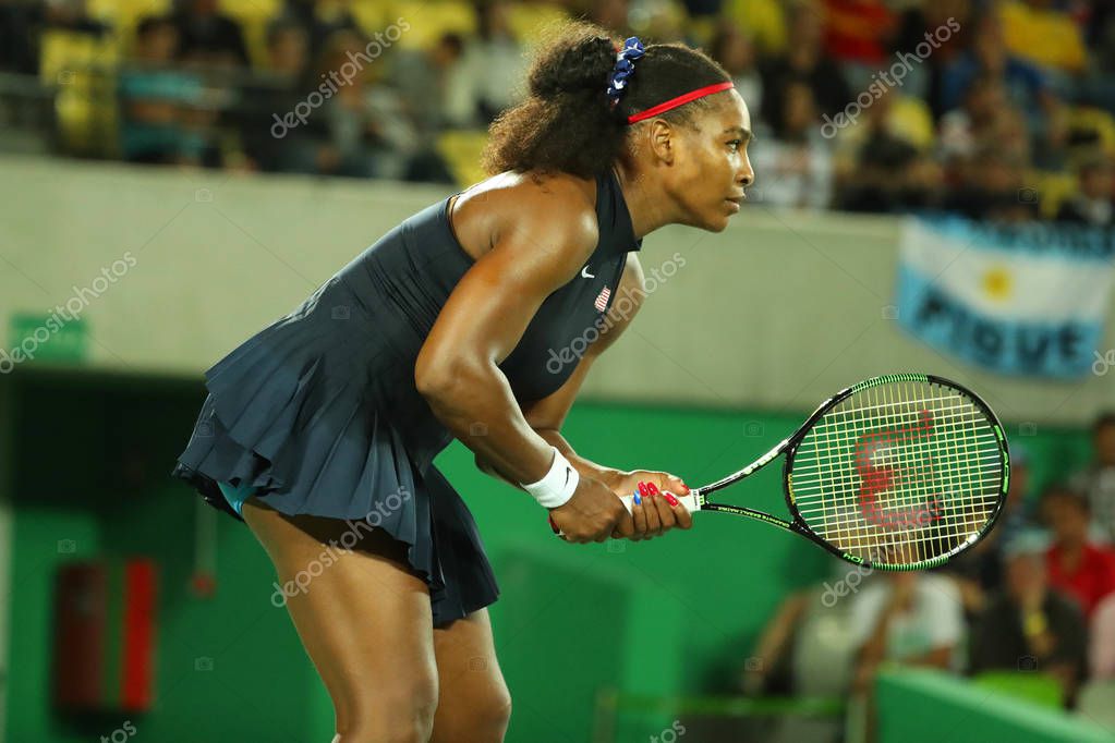 RIO DE JANEIRO, BRAZIL - AUGUST 8, 2016: Olympic champions Serena Williams of United States in action during singles round two match of the Rio 2016 Olympic Games at the Olympic Tennis Centre