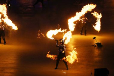 PYEONGCHANG, Güney Kore - 9 Şubat 2018: 2018 Kış Olimpiyatları Açılış Töreni. Olimpiyat Oyunları 2018, PyeongChang Olimpiyat Stadyumu 'nda renkli bir törenle resmen açıldı.