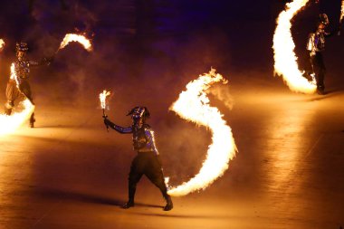 PYEONGCHANG, Güney Kore - 9 Şubat 2018: 2018 Kış Olimpiyatları Açılış Töreni. Olimpiyat Oyunları 2018, PyeongChang Olimpiyat Stadyumu 'nda renkli bir törenle resmen açıldı.