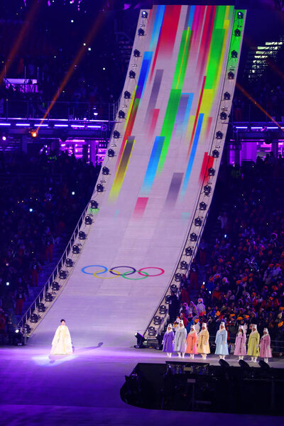 PYEONGCHANG, SOUTH KOREA - FEBRUARY 9, 2018: The 2018 Winter Olympics Opening Ceremony. Olympic Games 2018 officially opened with a colorful ceremony at the Olympics Stadium in PyeongChang