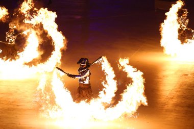 PYEONGCHANG, Güney Kore - 9 Şubat 2018: 2018 Kış Olimpiyatları Açılış Töreni. Olimpiyat Oyunları 2018, PyeongChang Olimpiyat Stadyumu 'nda renkli bir törenle resmen açıldı.