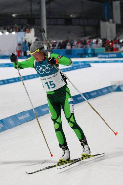 Pyeongchang, Güney Kore - 10 Şubat 2018: Biatlon içinde kadınlar'ın Olimpiyat şampiyonu Darya Domracheva Beyaz Rusya'nın rekabet 7.5km Sprint Alpensia Biatlon merkezinde 2018 Kış Olimpiyatları
