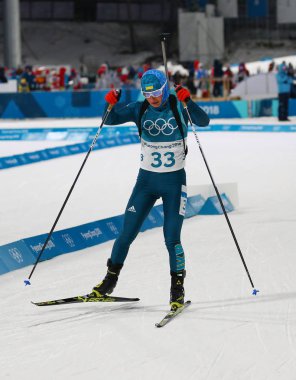 Pyeongchang, Güney Kore - 10 Şubat 2018: Vita Ukrayna Semerenko rekabet Biatlon içinde kadınlar'ın Olimpiyat şampiyonu 7.5km Sprint Alpensia Biatlon merkezinde 2018 Kış Olimpiyatları