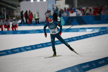 Pyeongchang, Güney Kore - 10 Şubat 2018: Olimpiyat şampiyonu Valj Semerenko Ukrayna'nın rekabet Biatlon içinde kadınlar'ın 7.5km Sprint Alpensia Biatlon merkezinde 2018 Kış Olimpiyatları