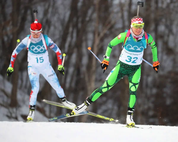 Pyeongchang Coreia Sul Fevereiro 2018 Campeã Olímpica Nadezhda Skardino Bielorrússia — Fotografia de Stock