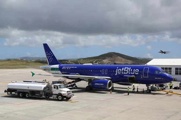 Osbourn Antigua Barbuda Juni 2018 Jet Blue Vliegtuig Asfalt Bird — Stockfoto