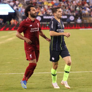 Doğu Rutherford, Nj - 25 Temmuz 2018: Mohammed Salah #11of Liverpool Fc Manchester City karşı eylem sırasında 2018 Metlife Stadyumu'nda Uluslararası Champions Cup oyunu. 