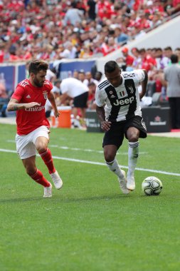 HARRISON, NJ - JULY 28, 2018: Alex Sandro of Juventus (R) and Rafa Silva of Benfica in action during the 2018 International Champions Cup game at Red Bull Stadium