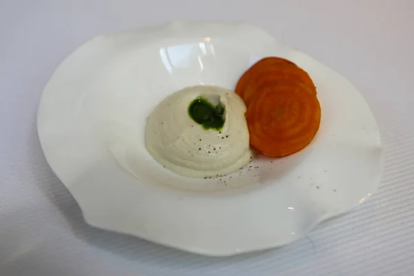 Hummus appetizer in gourmet French restaurant