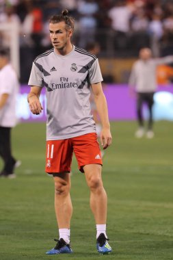 Doğu Rutherford, Nj - 7 Ağustos 2018: Gareth Bale, Real Madrid # 11'den önce Roma 2018 Uluslararası Şampiyonlar Kupası Metlife Stadyumu'nda karşı maç. Real Madrid 2-1 kazandı