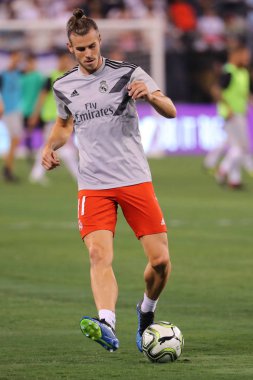 Doğu Rutherford, Nj - 7 Ağustos 2018: Gareth Bale, Real Madrid # 11'den önce Roma 2018 Uluslararası Şampiyonlar Kupası Metlife Stadyumu'nda karşı maç. Real Madrid 2-1 kazandı