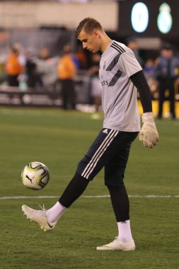 East Rutherford, Nj - 7 Ağustos 2018: Andriy Lunin yeni kaleci Real Madrid Real Madrid vs önce ısınma sırasında Roma 2018 Uluslararası Şampiyonlar Kupası Metlife Stadyumu'nda maç. Real Madrid 2-1 kazandı