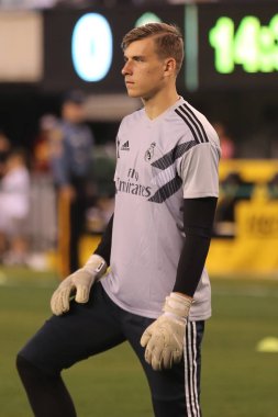 East Rutherford, Nj - 7 Ağustos 2018: Andriy Lunin yeni kaleci Real Madrid Real Madrid vs önce ısınma sırasında Roma 2018 Uluslararası Şampiyonlar Kupası Metlife Stadyumu'nda maç. Real Madrid 2-1 kazandı