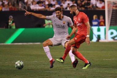 East Rutherford, Nj - 7 Ağustos 2018: Metlife Stadı'nda maç forvet Karim Benzema karşı Roma 2018 Uluslararası Şampiyonlar Kupası'nda Real Madrid # 9. Real Madrid 2-1 kazandı