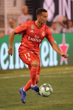 East Rutherford, Nj - 7 Ağustos 2018: Lucas Vazquez Real Madrid # 17 eylem 2018 Uluslararası Şampiyonlar Kupası sırasında Roma Metlife Stadyumu'nda karşı maç. Real Madrid 2-1 kazandı