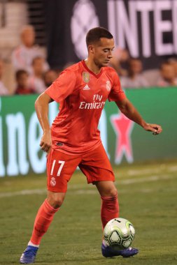 East Rutherford, Nj - 7 Ağustos 2018: Lucas Vazquez Real Madrid # 17 eylem 2018 Uluslararası Şampiyonlar Kupası sırasında Roma Metlife Stadyumu'nda karşı maç. Real Madrid 2-1 kazandı