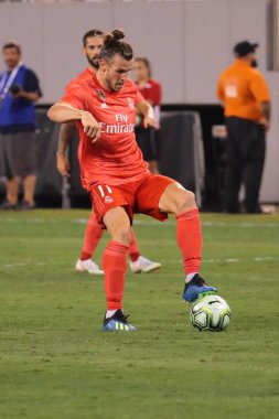 Doğu Rutherford, Nj - 7 Ağustos 2018: Gareth Bale, Real Madrid #11 Roma 2018 Uluslararası Şampiyonlar Kupası Metlife Stadyumu'nda karşı maç sırasında eylem. Real Madrid 2-1 kazandı