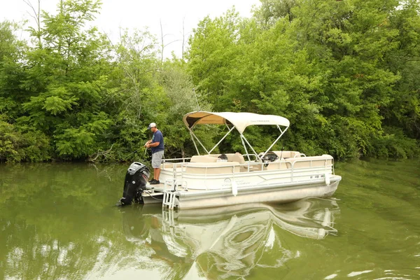 Fairport New York July 2018 Fisherman Pontoon Boat Erie Canal — Stock Photo, Image