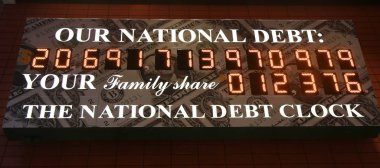 View of the National Debt Clock in Midtown Manhattan. The clock shows gross national debt and each family's share of that debt clipart