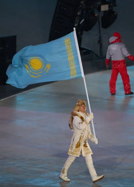 Pyeongchang Corée Sud Février 2018 Abzal Azhgaliyev Portant Drapeau Kazakhstan — Photo