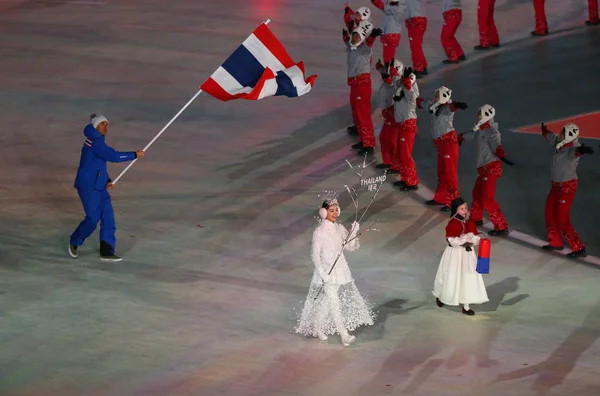 2018年冬季オリンピックの開会式でオリンピック チーム タイをリード ピョンチャン 2018 マークの Charloung がタイの旗を持って — ストック写真