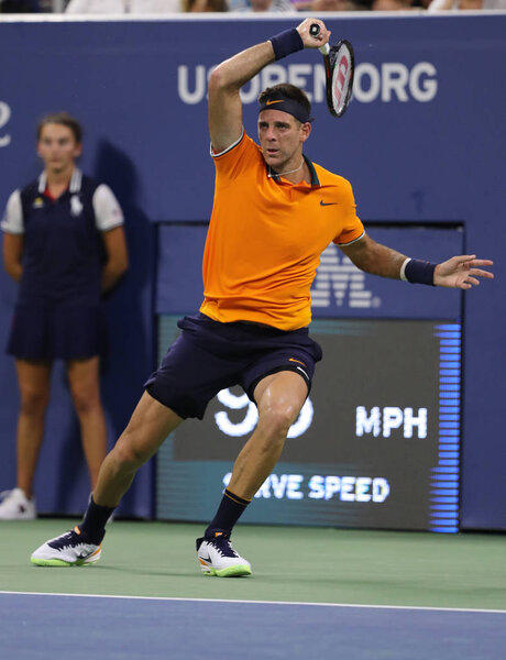 NEW YORK - AUGUST 27, 2018: Grand Slam champion Juan Martin Del Potro of Argentina in action during his 2018 US Open first round match at Billie Jean King National Tennis Center