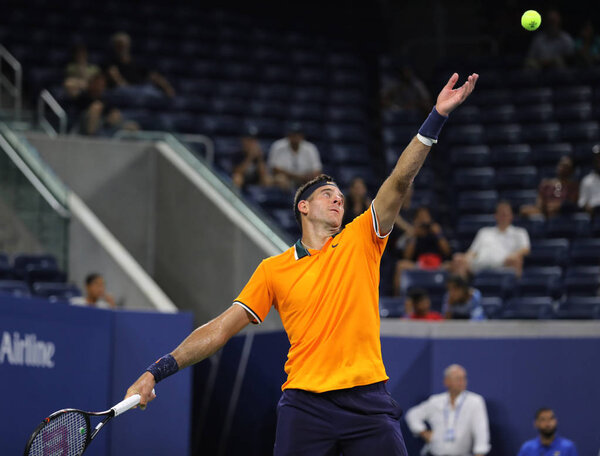 NEW YORK - AUGUST 27, 2018: Grand Slam champion Juan Martin Del Potro of Argentina in action during his 2018 US Open first round match at Billie Jean King National Tennis Center